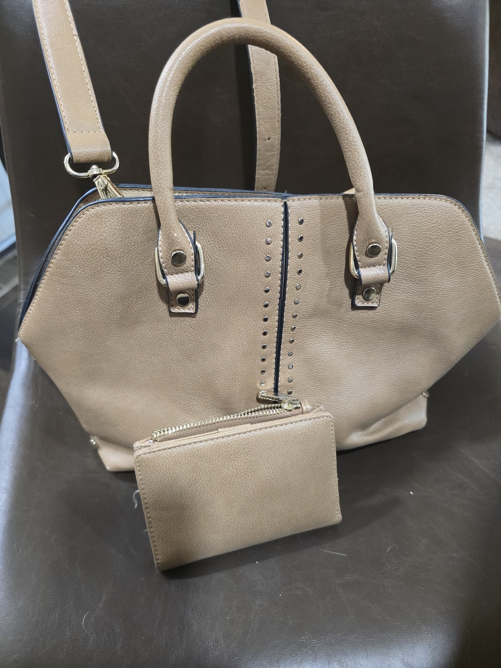 Women's Taupe Satchel Handbag with Matching Wallet